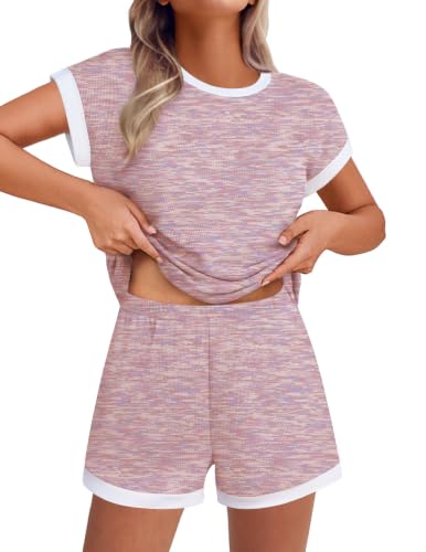 Image of Ekouaer Two Piece Sets for Women Summer Striped Lounge Set Vacation Outfit | Casual Cute Waffle Knit Tops Shorts Sets with Pocket for Travel, Jogging, Cruise, Beach, Airport