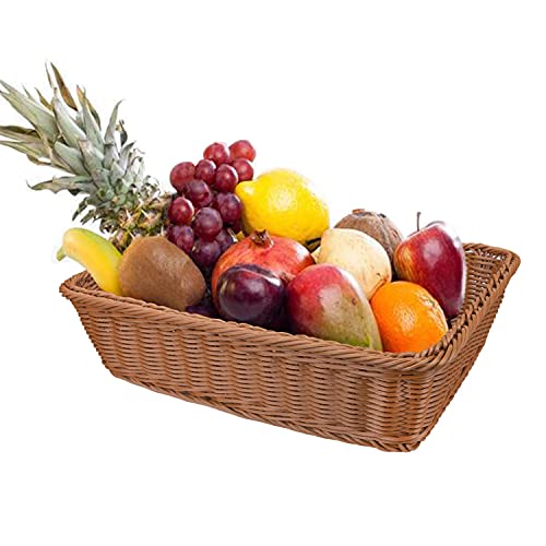 Yarlung 2 Pack Imitation Rattan Woven Bread Basket, 16 Inch Poly-Wicker Food Serving Basket for Fruit, Vegetables, Home Kitchen, Restaurant, Outdoor, Brown Rectangular