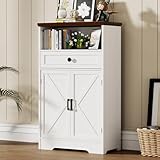 Viroformo White Floor Cabinet, Farmhouse Storage Cabinet with Barn Doors and Drawer, Freestanding Adjustable Shelf Cabinets for Bathroom, Kitchen, Living Room