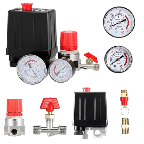 WDKXCN Presostato Compresor Aire, 220V Presostato con Manometro Presion Válvula de Control y Válvula de Seguridad, Regulador de Presión Compresor de Aire 180 PSI (Negro)