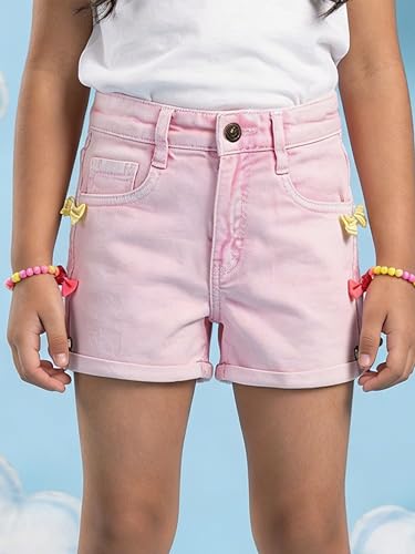 Image of KiddoPanti Girls Tight Length Rollup Denim Shorts with Lavender and Pink 3D Crochet Flowers
