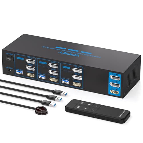 AILVLVNG 4K144Hz 2 Displayport+HDMI KVM Switch 3 PCs 3 Monitores 8K60Hz USB 3.0 Conmutador KVM Adecuado para 3 Ordenadores/Laptops con 3 Monitores y 4 Puertos USB 3.0 como Teclado, Ratón