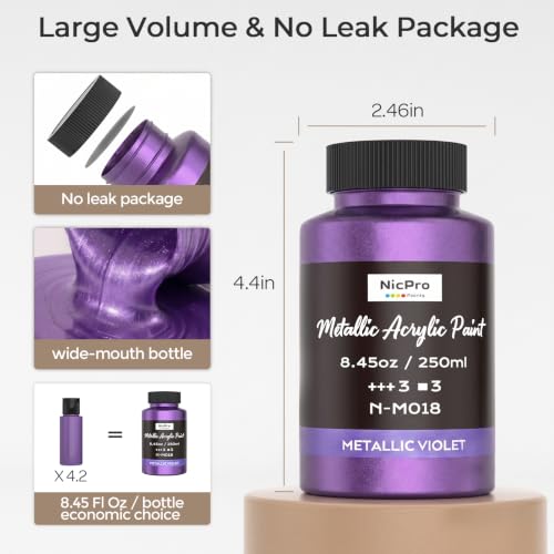 Image of Nicpro Metallic Violet Acrylic Paint, 8.45oz /250ml Purple Craft Paint,
