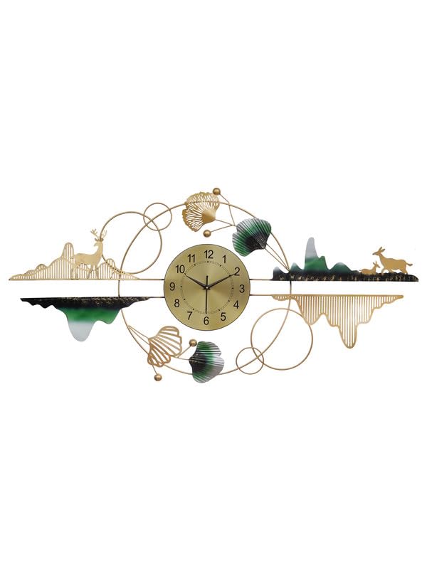 Image of CHRONIKLE Designer Iron Golden and Green Analog English Numerals Wall Hanging Clock for Living Room Bedroom Home Office Timeless Decor (Size: 120 x 2.5 x 56 CM| Weight: 1700 Gram)