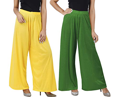 Image of Buy That Trendz M to 4XL Cotton Viscose Loose Fit Flared Wide Leg Palazzo Pants for Women Yellow Jade Green Combo Pack of 2 XXXX-Large