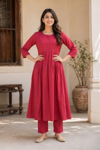 Image of ANILINE Women's V-Neck, Button Front, three-quarter sleeves, Anarkali shape, Empire Waist, Pleated Design Kurta With Pant