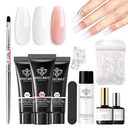 Modelones Poly Gel Nail Kit 3 Colors Clear White Apricot with Slip Solution Dual Nail Forms Top Base Coat Extension Builder Gel Enhancement Professional Starter Kit DIY Nail Art Salon Use