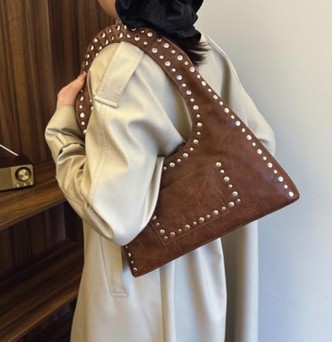 Image of Molodo PU Leather Hobo Bag for Women Vintage Studded Tote Bag Handbag Trendy Shoulder Bag Punk Streetwear Handbag Purse