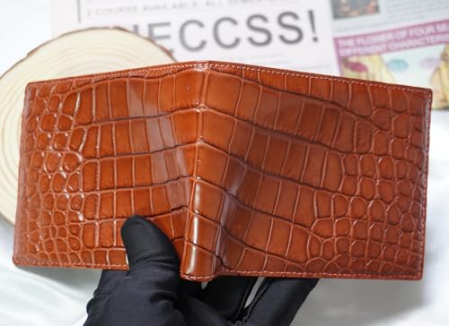 Genuine Crocodile Alligator Leather Skin Men Bifold Wallet With ID Sleave (Cognac-Belly)4