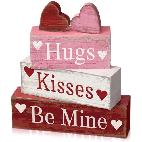 Image of Moucuny 4 Pcs Valentine's Day Table Decorations Wooden Heart Valentine Tiered Tray Decor Valentine Day Centerpiece Rustic Decorative Heart Block Signs Gift Farmhouse Valentines Decor for Home Kitchen