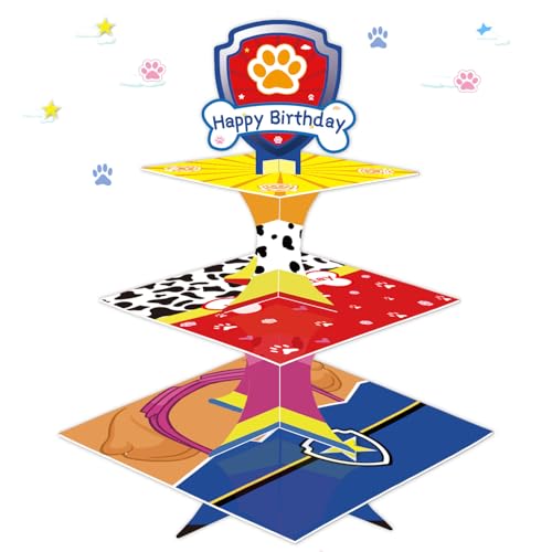 Cartoon Dog Cupcake Stand 3 Tier Cardboard Cake Stand Dessert Tower Holder for Girls Boys Paw Theme Birthday Party Supplies Baby Shower Decorations