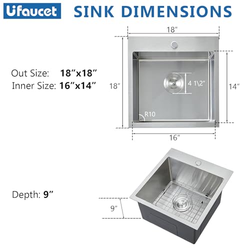 Image of 18 Inch Drop In Bar Sink, 18 x 18 Stainless Steel Single Bowl Top Mount Drop In Bar Wet Prep RV Outdoor Kitchen Sink, 16 Gauge Brushed Nickel