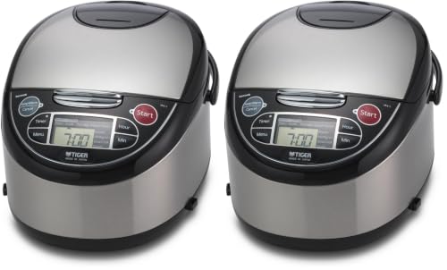 Image of TIGER JAX-T10U-K 5.5-Cup (Uncooked) Micom Rice Cooker and Warmer with Tacook Food Steamer Cooking Tray Technology and 10 Auto-Cook Settings, Stainless Steel Black (Pack of 2)