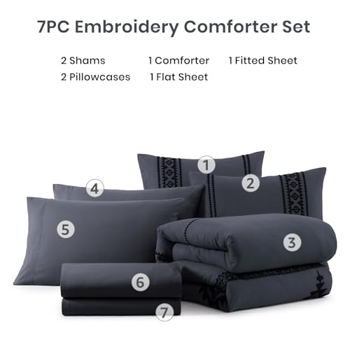 Image of MaiReve Embroidery Queen Comforter Set 7 Pieces Crown Blue Bed in a Bag