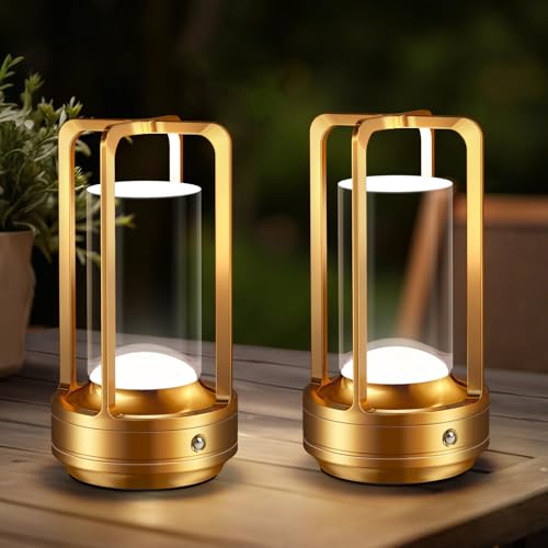 Image of Portable Table Lamp for Outdoor Indoor: Cordless Rechargeable Desk Lamp with 3 Color Stepless Dimmable - Metal Battery Operated Lantern Light for Bedroom /Bar /Coffee Shop /Camping (Gold (2 Pack))