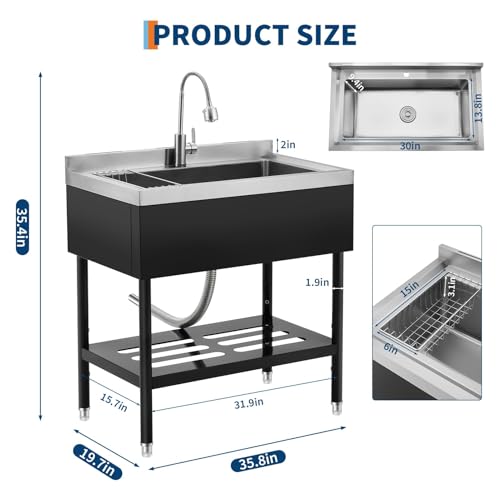 Image of Garvee 36 inch Black Stainless Steel Utility Sink with Faucet, Adjustable Height Freestanding Commercial Sink with Hot & Cold Water, Shelf, Basket & Drain Kit for Kitchen, Garage, Laundry, or Outdoor Use