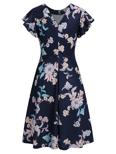 Image of MSLG Women's Fit and Flare Ruffle Short Sleeves Dresses Work V-Back Cocktail Semi Formal A Line Dress with Pockets 842