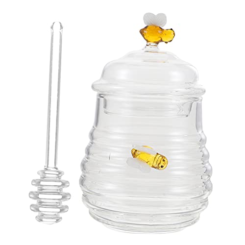 SOLUSTRE Large Glass with Dipper and Lid Honey Dispenser with Stirring Rod for Kitchen Storage and Seasonings