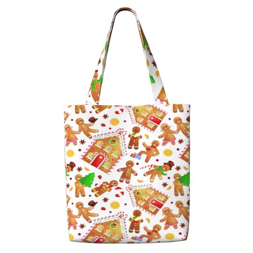 Christmas House Gingerbread Man Furits Canvas Tote Bag Aesthetic For Women Reusable Tote Shoulder Bags For Vacation Shopping Work Grocery