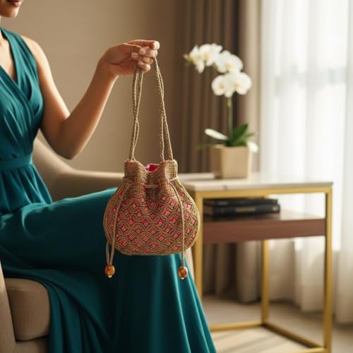 Image of Srajanna Women's Embellished Ethnic Pearl Potli Bag Traditional Handcrafted Evening Clutch for Weddings & Festive Occasions