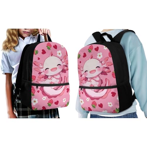 Showudesigns Cute Axolotl Backpack for School Girls Elementary School Bag and Lunch Bag Set Pencil Case 3 In 1 Pink Strawberry Bookbag Preschool Middle School Back Packs Kids Child Satchel Daypack2