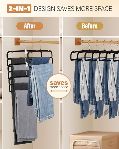 Image of 10 Pack Velvet Pants Hangers Space Saving, Non Slip 2-Layer Hanger (Black) | Heavy Duty Flocked Trouser Hangers,pants organizer for closet with Swivel Hook, Felt Jean Hangers for Women and Men