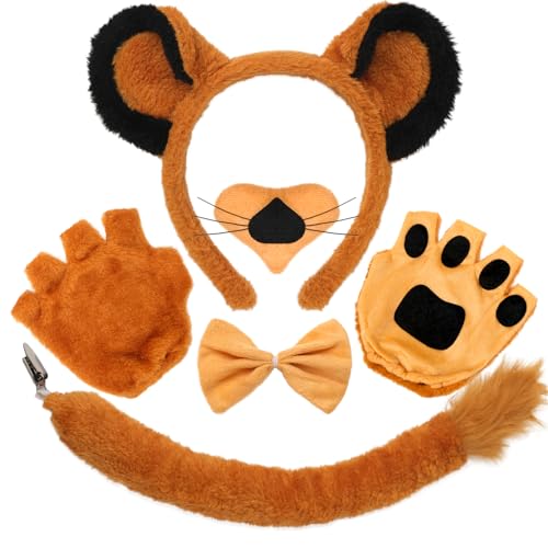 AgagaQx Deguisement Lion Animaux Adulte, Ensemble de Costume Lion Poilu, 5 Pièces Déguisement Lion Adulte Carnaval, Serre-Tête Nez Nœud Papillon Gants Queue, Costume d'Animal pour Mascarade Cosplay