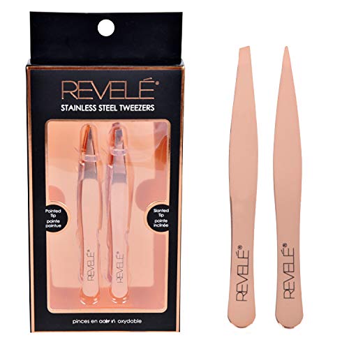 REVELE Rose Gold Color Stainless Steel Pointed Tweezers and Slanted Tweezers Set