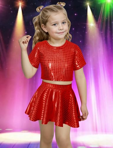 Image of Sequin Top for Girls with Shiny Skirt Disco 0utfit Metallic Dress Performance Kids 3-13T