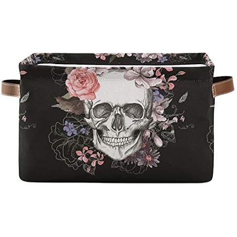 WELLDAY 1PCS Storage Basket Black Rose Skull Large Foldable Storage Bin Cube Collapsible Organizer Cover