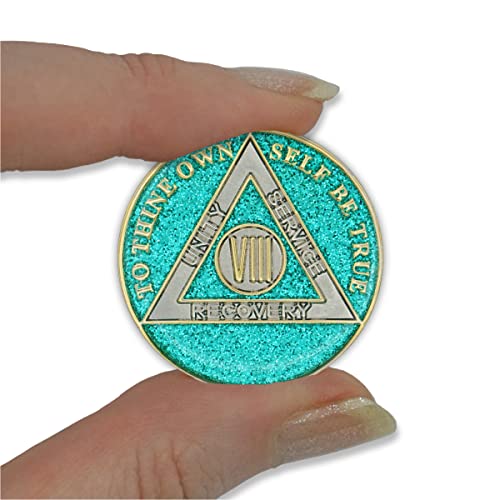 Image of 8 Year Sobriety Coin | Glitter Triplate AA Chip | Recovery Anniversary Token (Aqua)