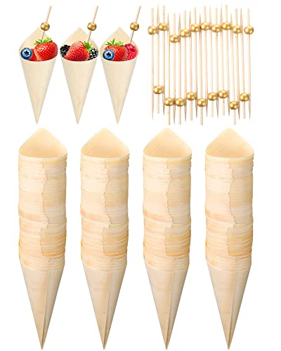 Queekay 400 Pcs Wooden Cones Bamboo Picks Pearl Appetizers Party, Gold