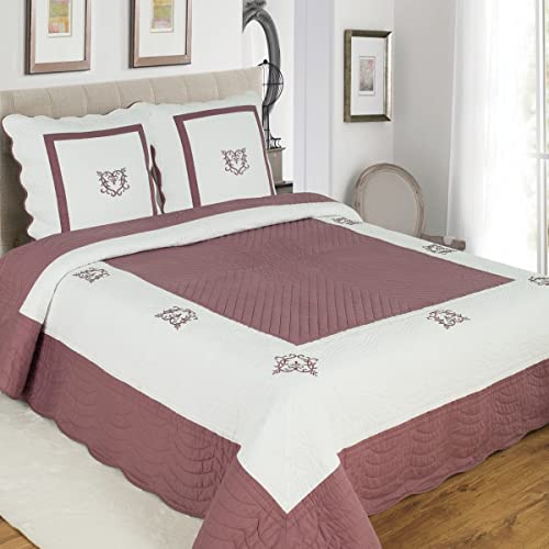 Alpes Blanc Couvre-lit Brodé Peaceland/Dessus de lit 100% Coton/Boutis Grandes Tailles/Jeté de lit Bicolore (Aubergine/Purple, 230_x_250_cm)
