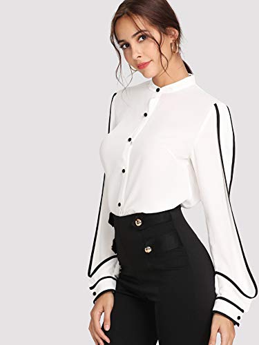 Milumia Women's Elegant Button Workwear Shirt Stand Collar Long Sleeve Blouse Small A-White