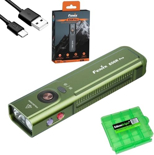 Fenix E06R Pro 1600 Lumens 4-in-1 Flat Rechargeable EDC Flashlight with Red Beam, UV Light, Spotlight/Floodlight w/EdisonBright Acc case (Green)
