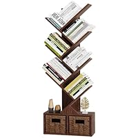 Vagusicc Tree Bookshelf, 6 Tier Bookshelf with Storage, Tall Narrow Bookcase, Rustic Wood Book Storage Rack for CDs/Books, Small Book Organizer Shelves for Bedroom Living Room, Home Office, Brown