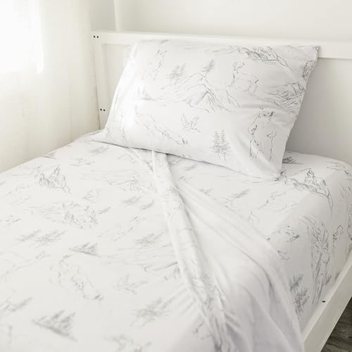 Image of Pobibaby Premium Twin Full Sheets Sets, Kids Double Bed Sheets in Cotton Blend | Ultra-Soft Woodland Camping Print with Fitted Sheet, Flat Sheet & Pillowcases (Twin Explore Monochrome)
