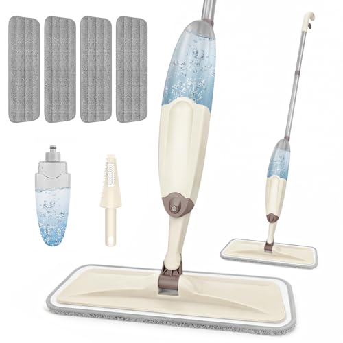 Image of HOMTOYOU Wet Mop for Floor Cleaning: Spray Mop for Multi-Surface Floors | Wet Dry Use, 4 Pcs Microfiber Washable Pads, 400+ML Refillable Bottle, 360 Swivel Head, Beige