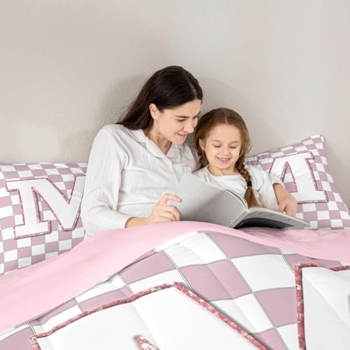Image of Erosebridal Pink Initial M Bedding Set Queen Kawaii Plaid Checkered Comforter Set for Kids Girls Teen Women Cute Personalized Monogram Down Comforter,Fashion Grids Gingham Quilt Duvet