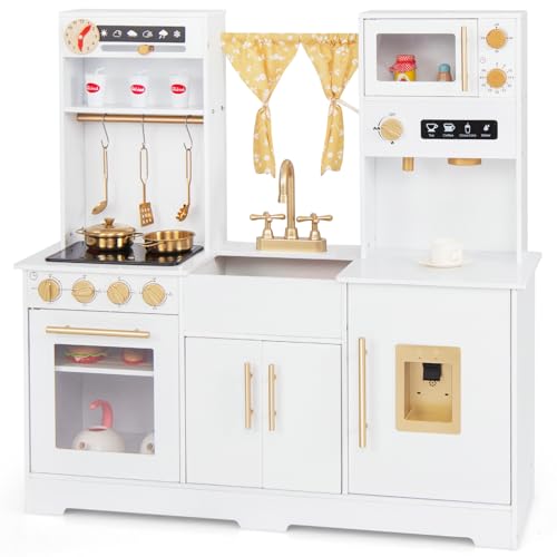 HONEY JOY Kids Pretend Play Kitchen, Kitchen Playset w/Coffee Maker, Sink, Faucet, Stove, Water Dispenser, Microwave, Oven, Utensils, Curtain, Real Sounds & Lights, Wooden Cooking Toy Set for 3+ Years