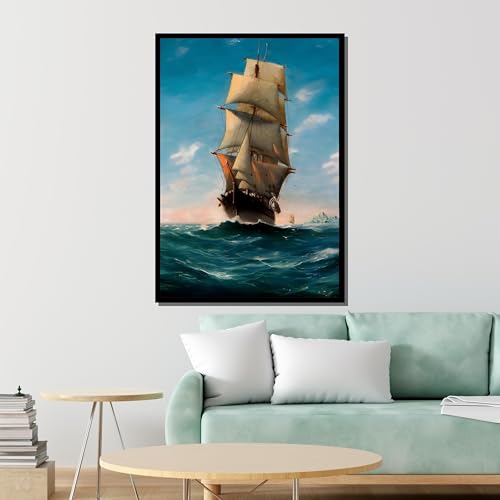 Oeuvre d'art décorative maritime grand tableau voilier cadre inclus