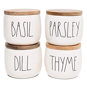 Rae Dunn Herb Jars with Wooden Lids, Set of 4 Kitchen Jars for Herbs or Spices, Seasoning Containers with Lids, Herb Jars for Thyme, Basil, Parsley, and Dill Rae Dunn Herb Jars with Wooden Lids Set of 4 Kitchen Jars for Herbs or Spices Seasoning Containers with Lids Herb Jars for Thyme Basil Parsley and Dill