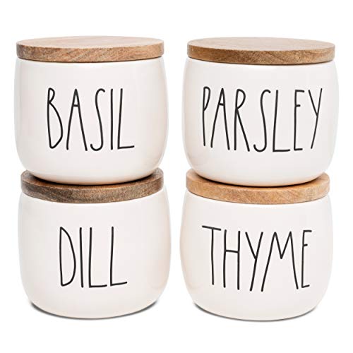 Rae Dunn Herb Jars with Wooden Lids Set of 4 Kitchen Jars for Herbs or Spices Seasoning Containers with Lids Herb Jars for Thyme Basil Parsley and Dill