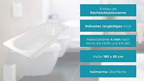Calmwaters® Rechteck Badewanne Komplettset 180x80 cm mit Schürze, Wannenfüßen & Ablaufgarnitur, Acrylwanne Honest linkes Modell, Duowanne für 2, Set Badewanne komplett 180 x 80 cm Weiß, 99000049157