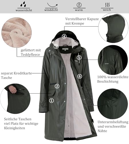 Peter Patter Regenmantel damen gefüttert mit Teddy-Fleece Regenjacke damen wasserdicht mit Kunstfell warm Friesennerz lang PU Windbreaker Regenparka für Winter,grün,38