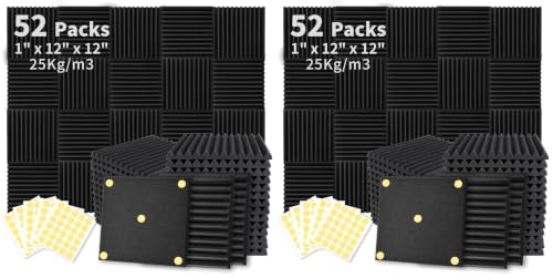 Image of Focusound 104 Pack Acoustic Foam Panels 1 inch x 12 inch x 12 inch Sound Proof Foam Panles Soundproofing Noise Cancelling Wedge Panels for Home Office Recoding Studio with 300PCS Double-Side Adhesive