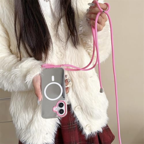 Protection antichoc iPhone 15 Pro Max étui miroir cordon magnétique bandoulière rose