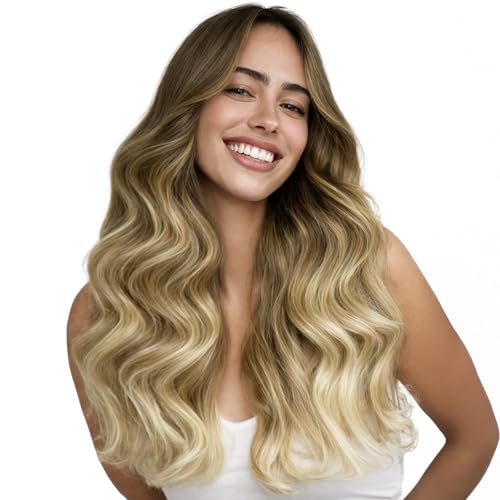 Image of WENNALIFE Invisi Edge Clip in Hair Extensions Real Human Hair, 16 inch 111g 7pcs Ombre Walnut Brown to Ash Brown & Bleach Blonde Seamless Clip in Extension, Invisible Weft Straight Human Hair Clip in