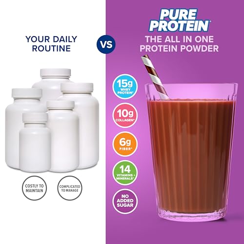 Image of Pure Protein All-In-One Powder, Rich Chocolate - Whey & Collagen, High Fiber, Vitamins, No Added Sugar, Non-GMO, Gluten-Free, 1.25lb