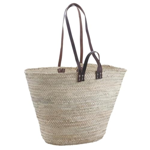 Plaisirs de France SCO 1100 Panier à provisions ou pour la Plage en Fibres de Palmier avec Anse et lanières en Cuir Tressé à la Main